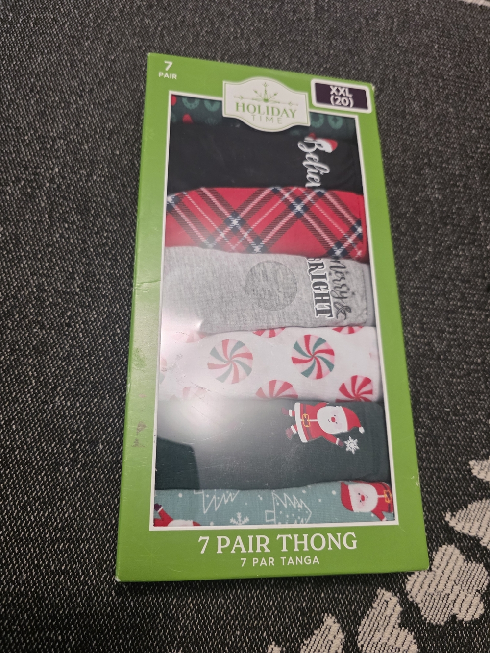 Holiday Time 7-Pair Christmas Thong Set - Red, Gray, Black, Green, White